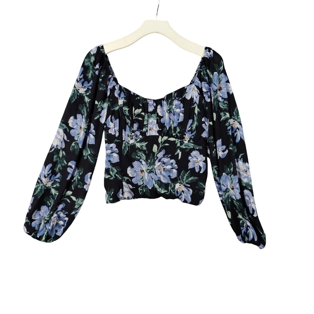 Abercrombie Fitch Women Cottage Peasant Floral Crop Top XL Black Balloonโ Sleeve
